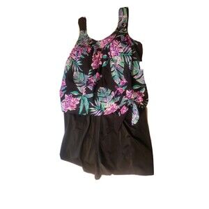 Swim 365 Women's Swimsuit Plus Size 18 Two Piece Tankini Black Floral Shorts